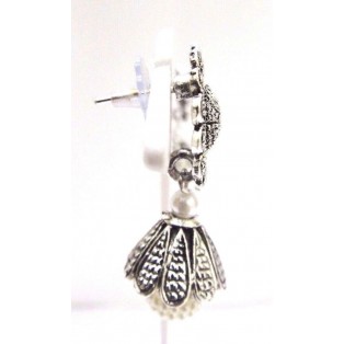Silver Oxidized Earring Jhumka Jhumki PushBack Dangle Drop Faux Imitation Pearl 6